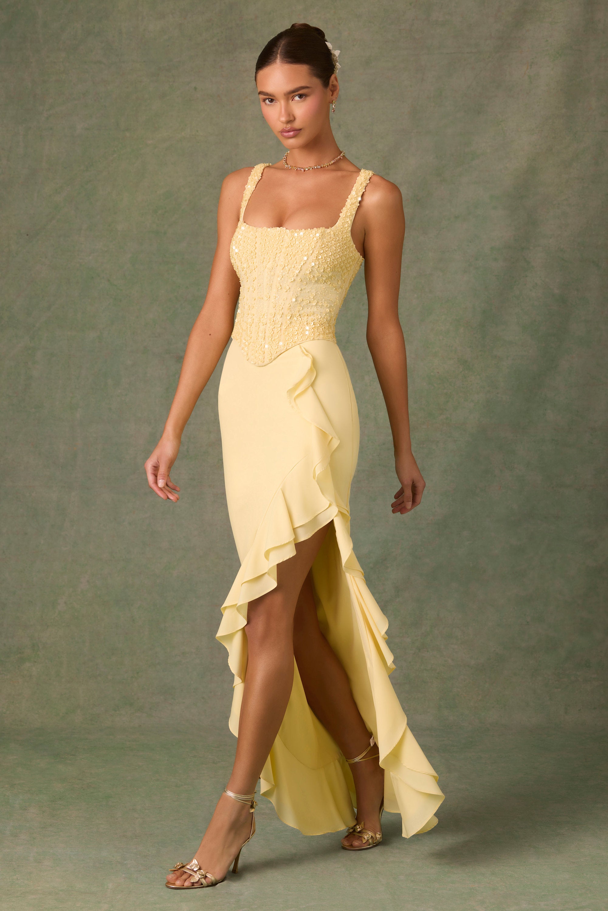 MELANIE RUFFLE-TRIM MAXI DRESS